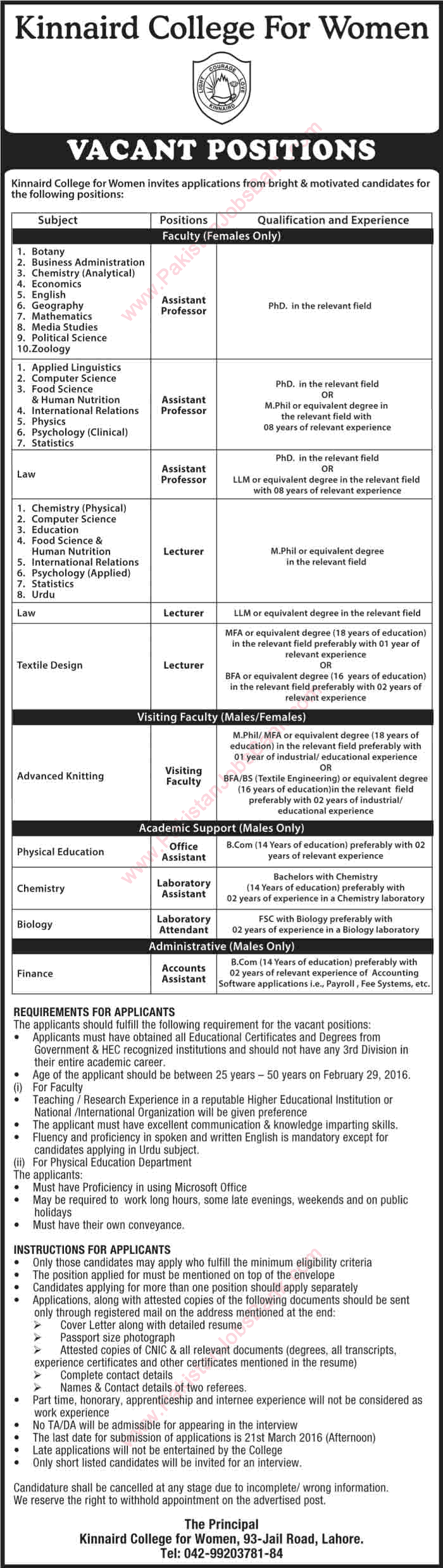 Kinnaird College Lahore Jobs 2016 February / March Teaching Faculty, Lab & Admin Staff Latest in
